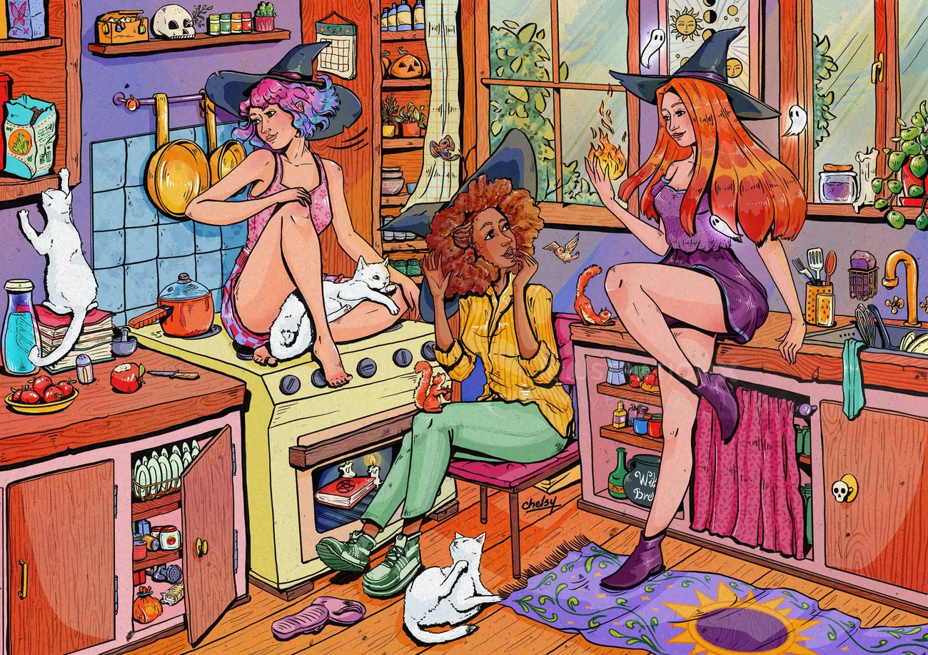 Three witches in colorful kitchen with cats and Halloween decor