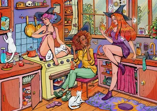 Three witches in colorful kitchen with cats and Halloween decor