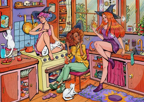 Three witches in colorful kitchen with cats and Halloween decor