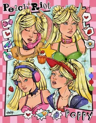 Character expressions study of Peach Riot's Poppy with various emotions