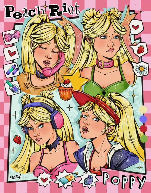 Character expressions study of Peach Riot's Poppy with various emotions