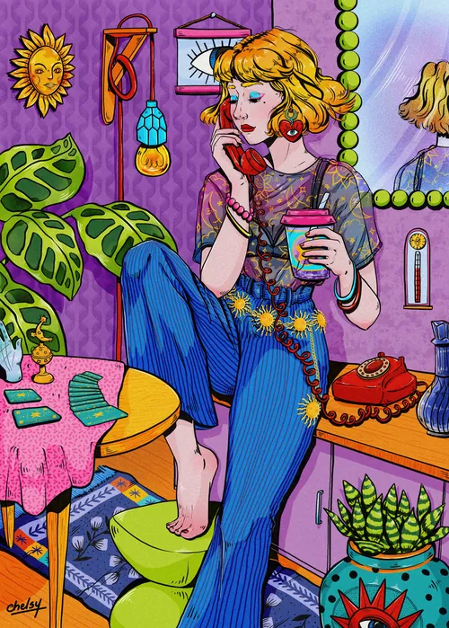 Woman in colorful room holding a candle with tarot cards nearby