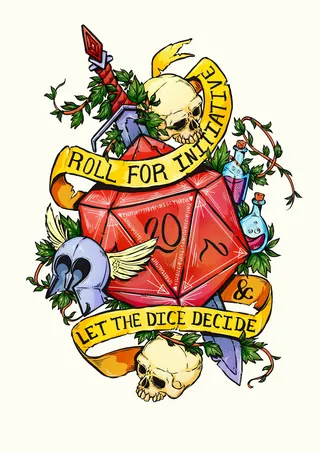 Red d20 dice with skulls, wings, and banners saying Roll for Initiative