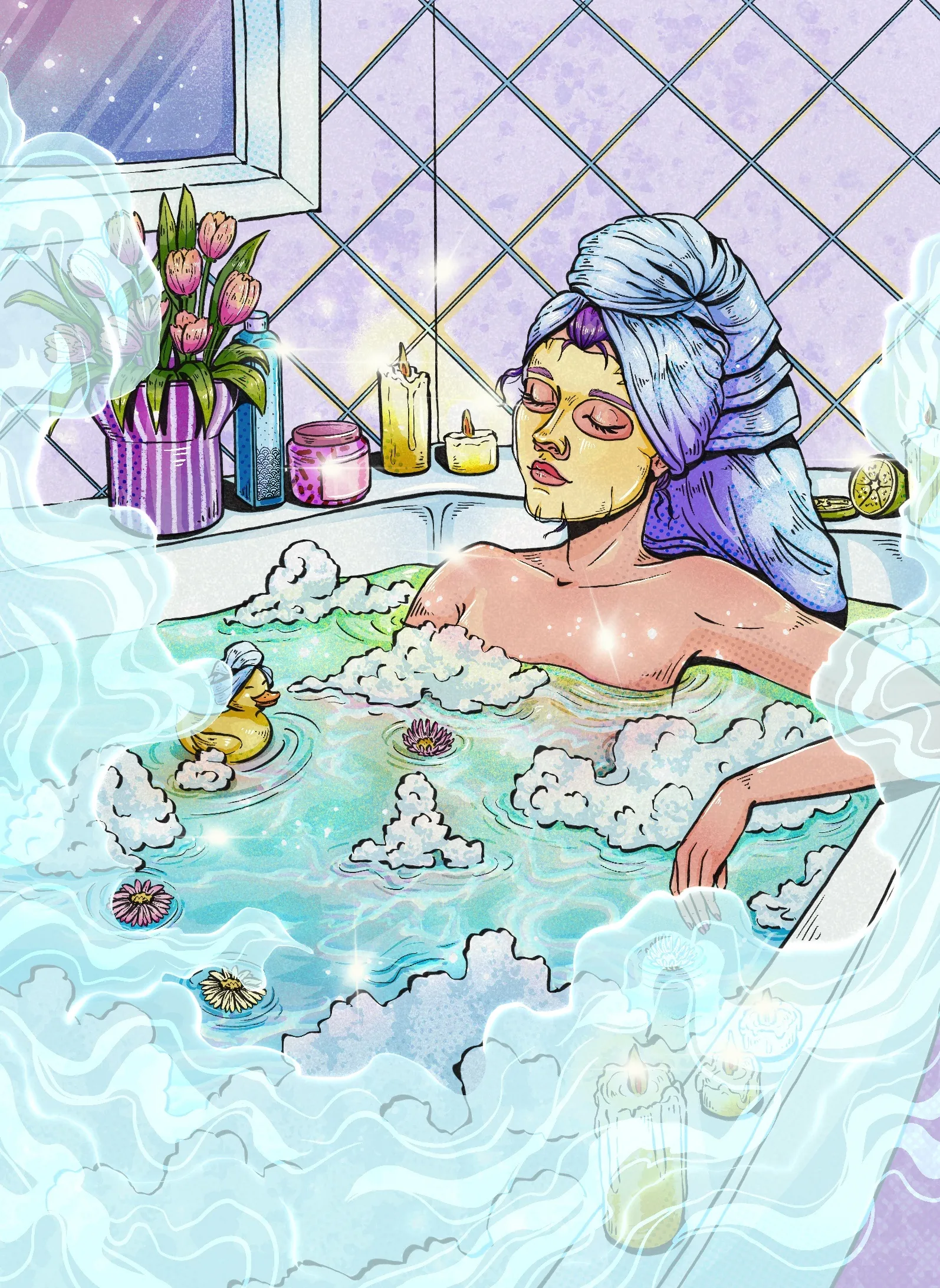 Chelsy Escalona illustration of a woman relaxing in a bubble bath