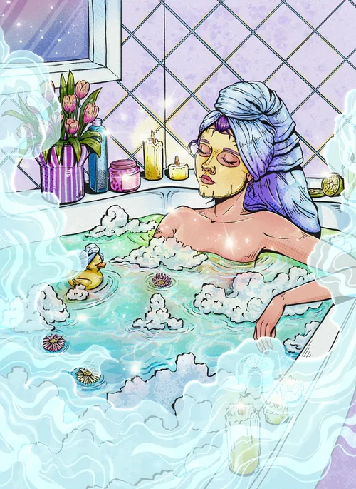 Chelsy Escalona illustration of a woman relaxing in a bubble bath