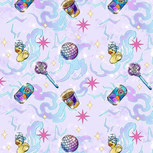 Whimsical pastel pattern illustration by Chelsy Escalona with disco balls and colorful objects