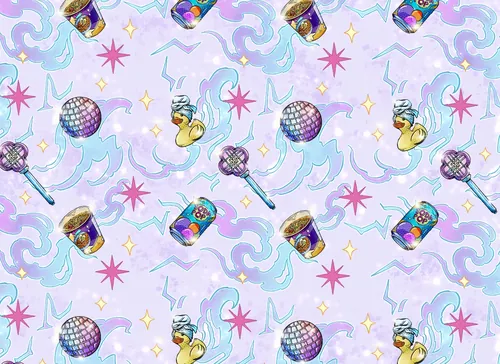 Whimsical pastel pattern illustration by Chelsy Escalona with disco balls and colorful objects