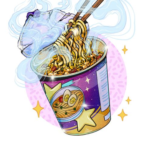 Instant noodles illustration by Chelsy Escalona with chopsticks and stars