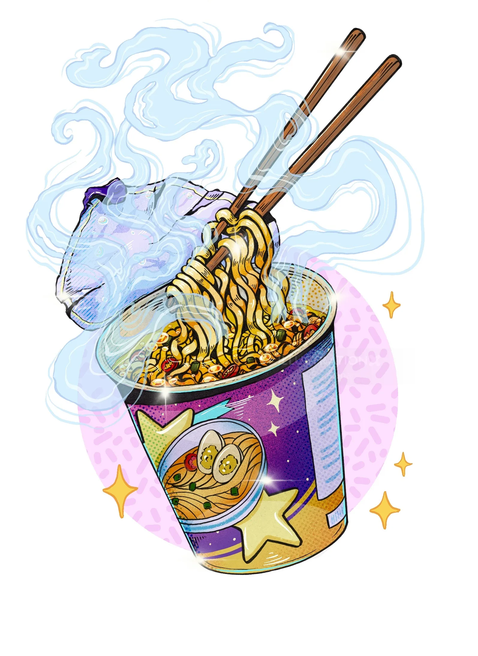 Instant noodles illustration by Chelsy Escalona with chopsticks and stars