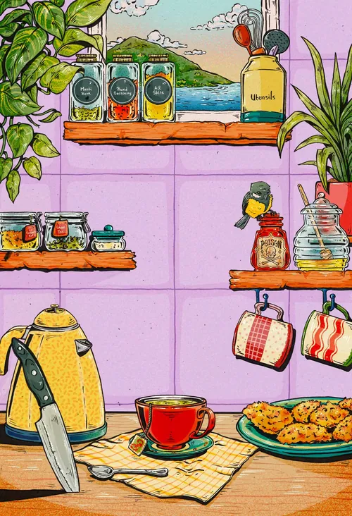 Kitchen counter with tea, cookies, jars, and plants by window, art by Chelsy Escalona
