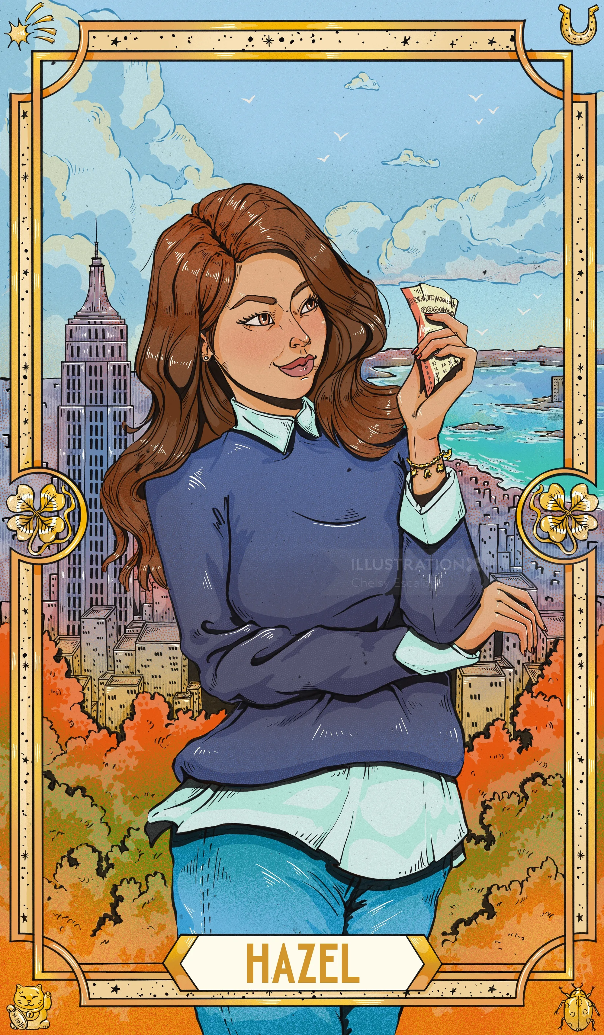 Hazel holding a tarot card with city and water background by Chelsy Escalona