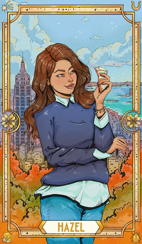 Hazel holding a tarot card with city and water background by Chelsy Escalona