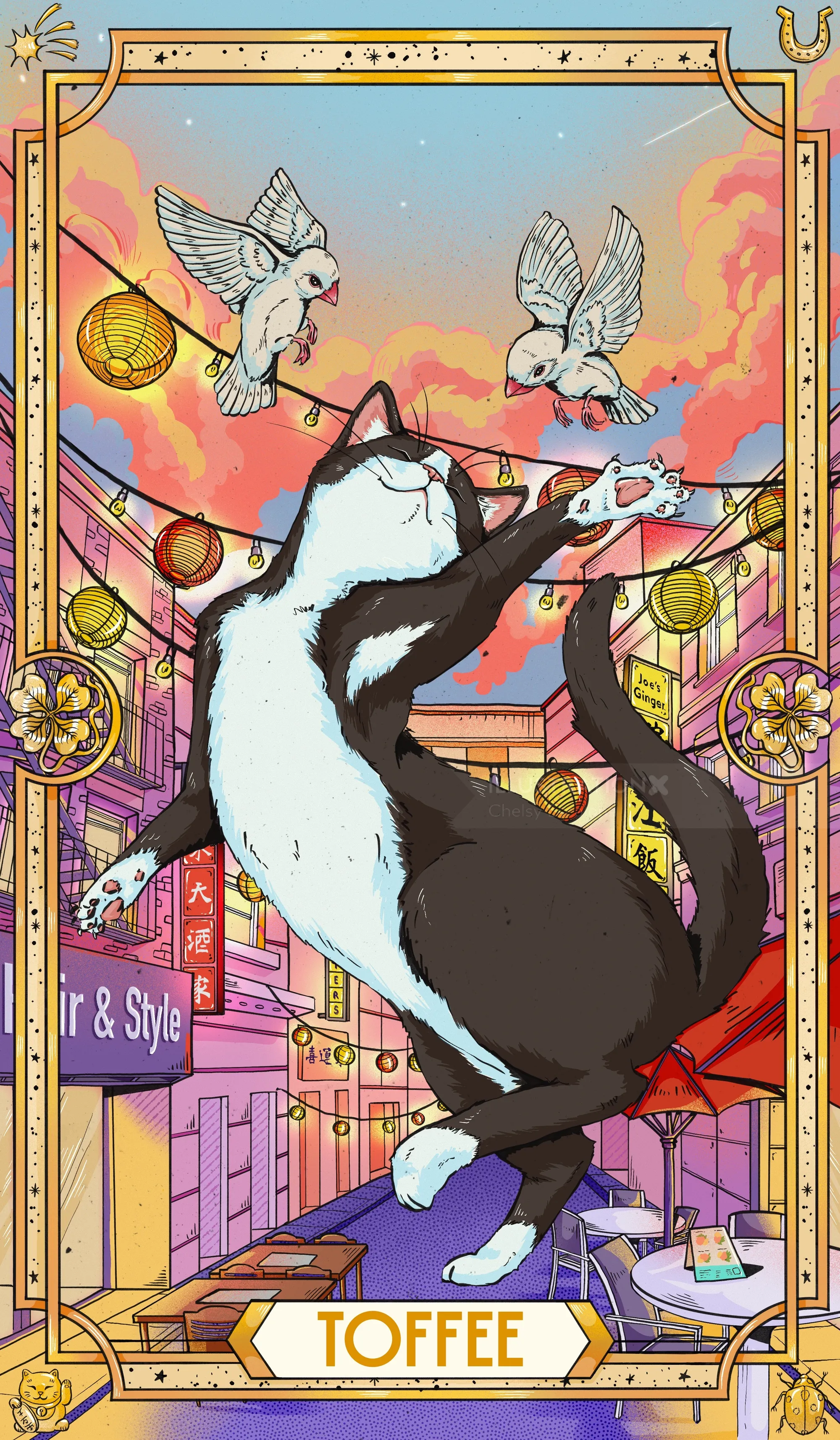 Toffee cat reaching for birds in Tarot card by Chelsy Escalona