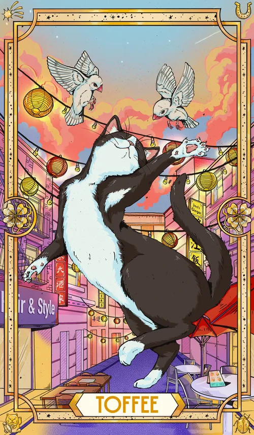 Toffee cat reaching for birds in Tarot card by Chelsy Escalona