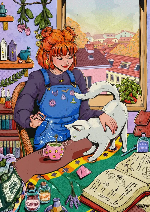 Young witch feeding a white cat with tea and magical items, by Chelsy Escalona
