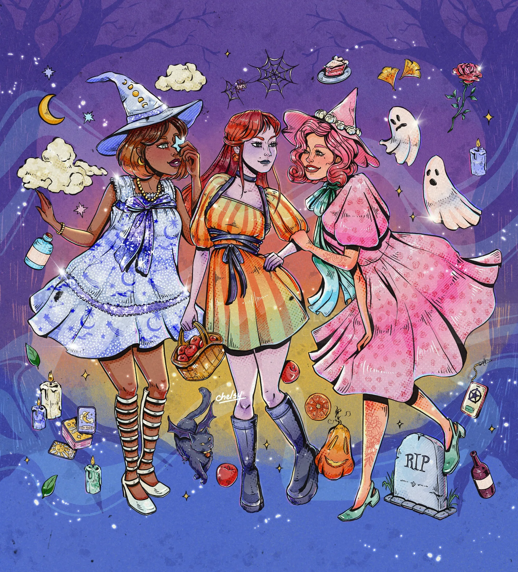 Three women in colorful Halloween costumes with ghosts and spooky elements, by Chelsy Escalona