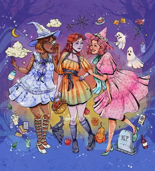 Three women in colorful Halloween costumes with ghosts and spooky elements, by Chelsy Escalona