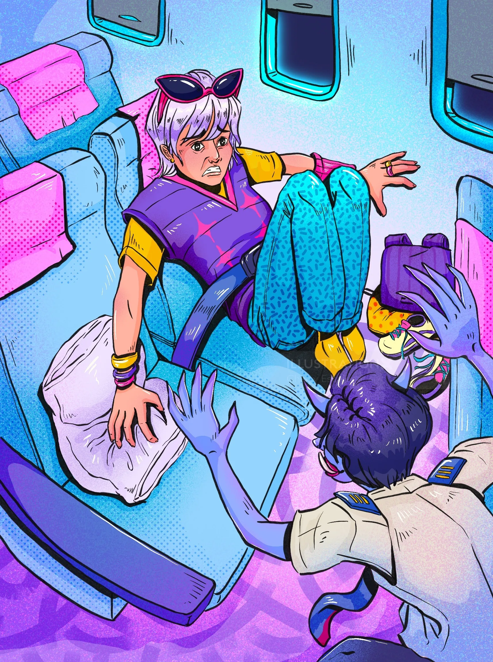 Chelsy Escalona illustration of two characters inside a colorful futuristic vehicle.
