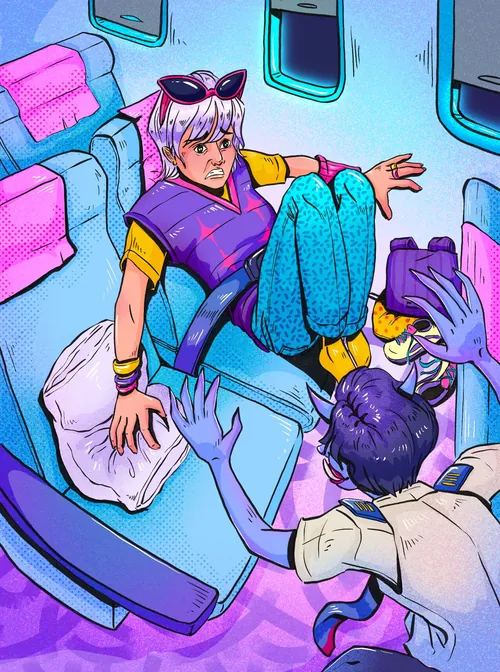 Chelsy Escalona Illustration von zwei Figuren in einem farbenfrohen futuristischen Fahrzeug.