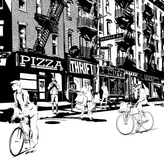 Ilustración en blanco y negro de la escena callejera de la ciudad de Brooklyn