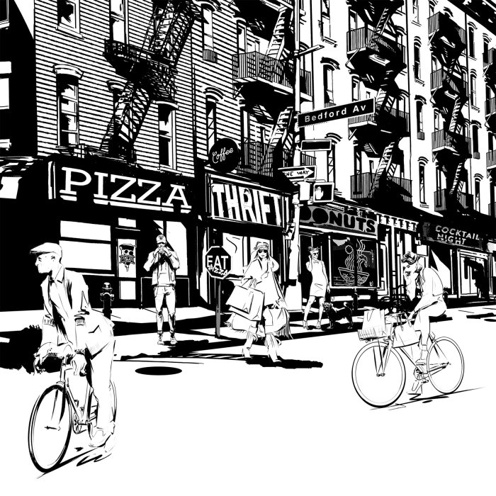 black and white illustration of Brooklyn city street scene
