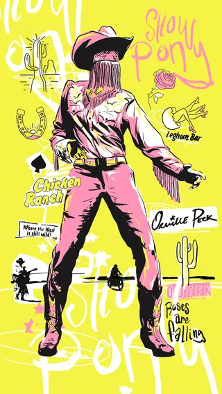 Painting of Orville Peck in a pink cowboy outfit with mask and roses by Chris Ede