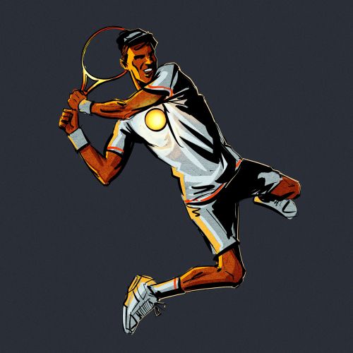 Graphic tennis player hitting the ball