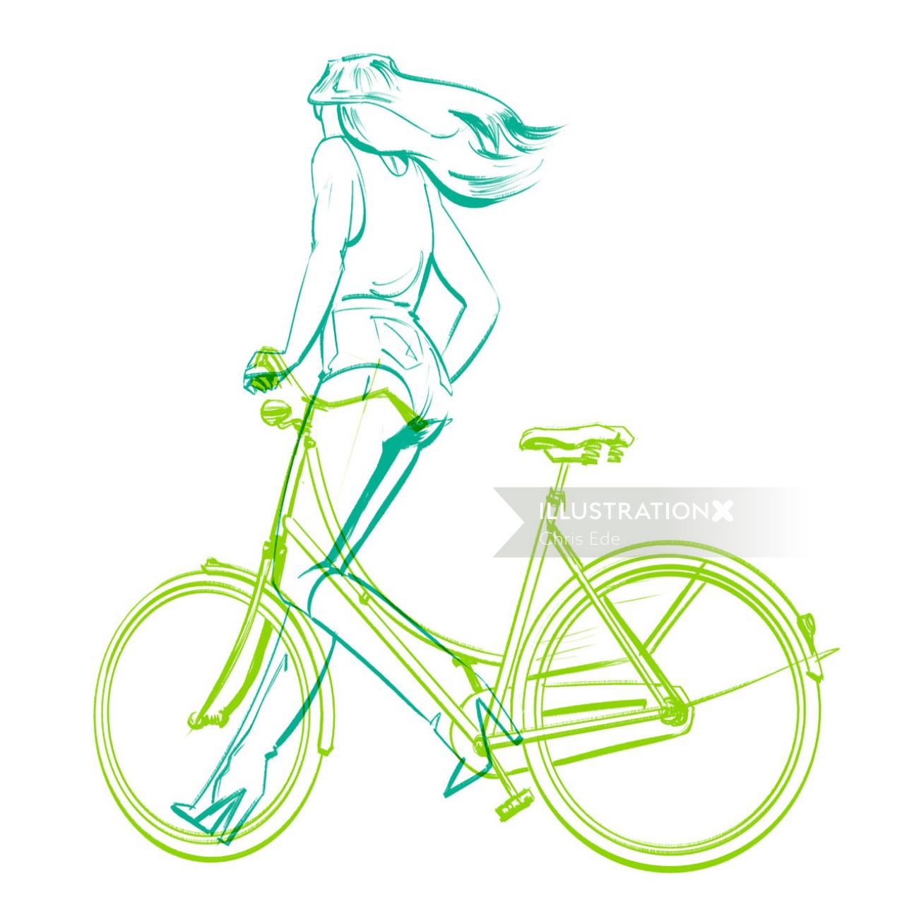 Line art girl with bicycle