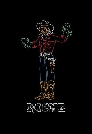 Neon cowboy holding cacti, cowboy hat, boots, and gun holster by Chris Ede