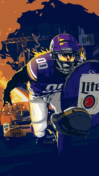 Football player in purple Vikings uniform with Miller Lite logos by Chris Ede