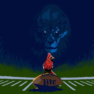 Cardinal bird on football with lion face shadow by Chris Ede