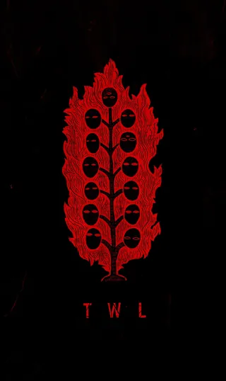 Red flaming tree of life symbol with circular icons on black background by Chris Ede