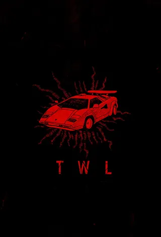Red sports car with occult symbols and rays in dark background by Chris Ede