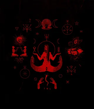 Red mermaid surrounded by occult and mystical symbols, artwork by Chris Ede
