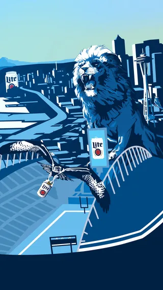 Lion statue overlooking stadium with eagle carrying Miller Lite cans by Chris Ede
