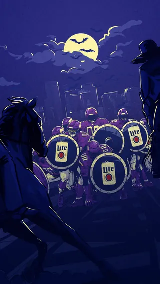 Miller Lite NFL game scene with Vikings and Cowboys at night by Chris Ede