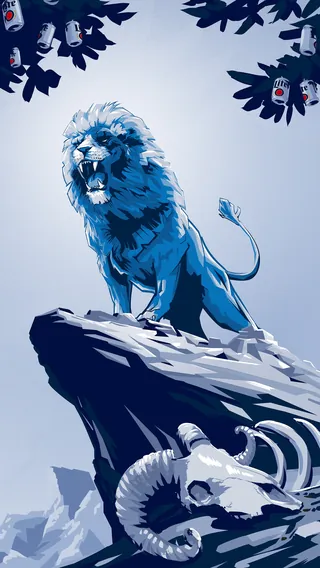 Illustration of a blue lion standing on a rock with a skull nearby by Chris Ede