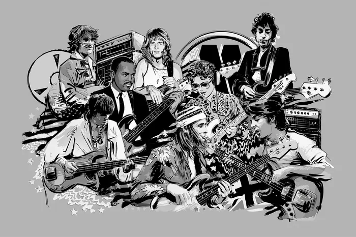 Black and white collage of rock musicians with guitars by Chris Ede