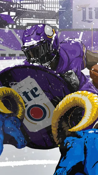 Football player wearing Vikings helmet holding Miller Lite football bottle by Chris Ede