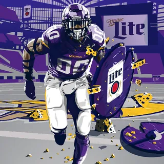 Illustration of Minnesota Vikings football player breaking a large Miller Lite shield by Chris Ede