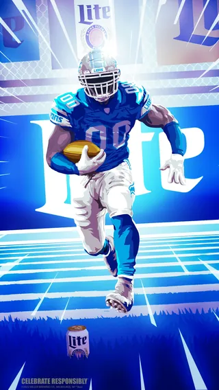 American football player in Detroit Lions uniform running with ball by Chris Ede