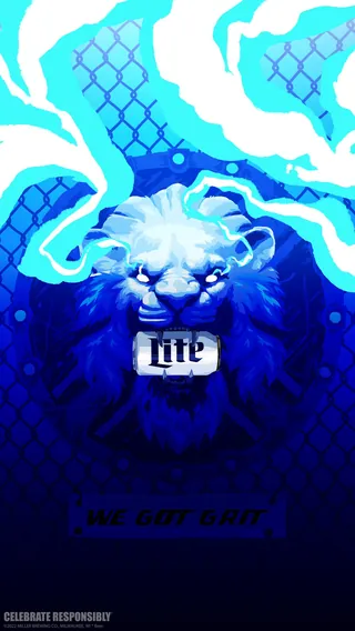 Detroit Lions lion holding Miller Lite can, blue tones, Chris Ede