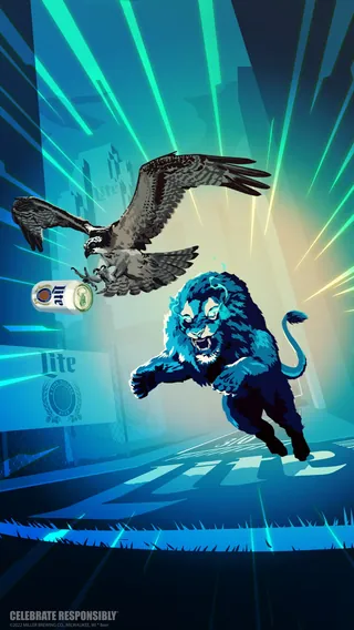 Detroit Lions logo lion and Miller Lite can in dynamic sports ad by Chris Ede