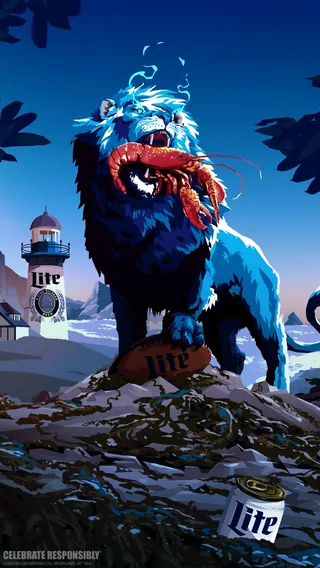 Detroit Lions mascot holding lobster near lighthouse, by Chris Ede