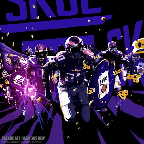 Football players in Minnesota Vikings uniforms with shields and cheese, artwork by Chris Ede