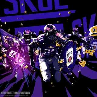 Football players in Minnesota Vikings uniforms with shields and cheese, artwork by Chris Ede