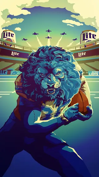 Illustration of a fierce lion in Detroit Lions football gear by Chris Ede
