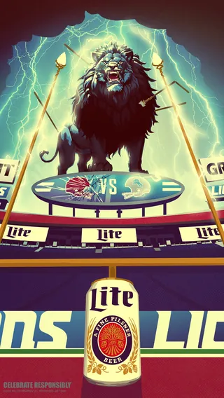 Illustration of a lion roaring over NFL Lions vs Chiefs scoreboard by Chris Ede