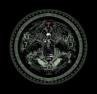 Dark graphic with bat, bottle, and skull by Chris Ede