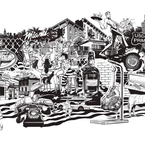 Black and white illustration of steakhouse and hospitality scenes